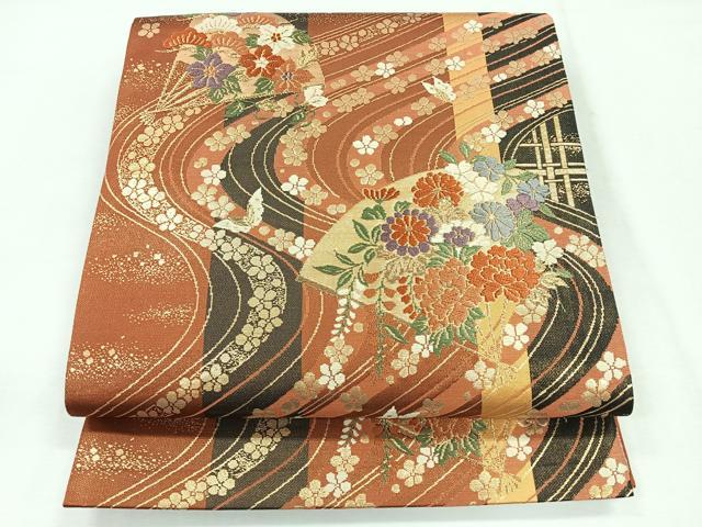 平和屋着物◎六通柄袋帯 扇面花蝶文 金糸 正絹 逸品 CABG1534nb
