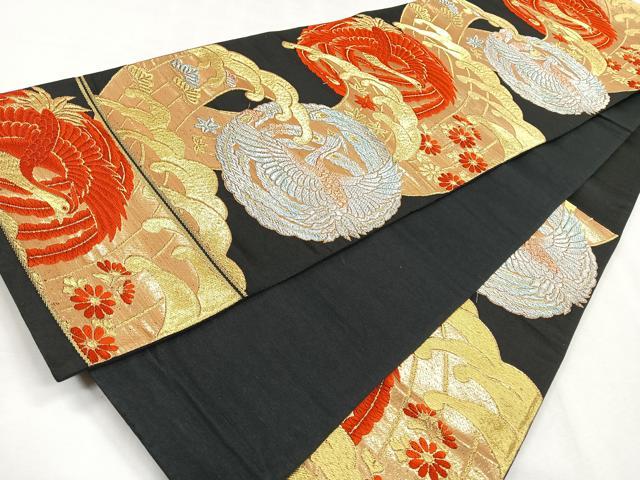 平和屋着物◎六通柄袋帯 鳳凰草花文 黒地 金銀糸 正絹 逸品 CABG1552nb