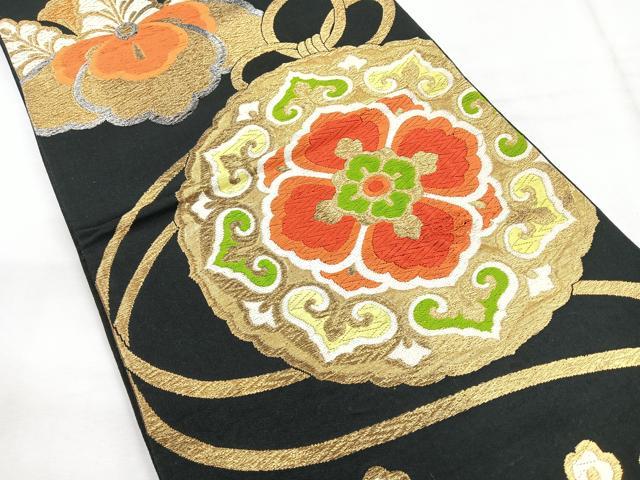 平和屋着物◎六通柄袋帯 唐織 鏡裏花文 黒地 金銀糸 正絹 逸品 CABG1588nb