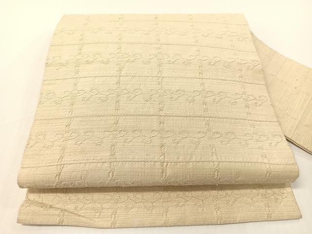 平和屋着物●九寸名古屋帯 紬地 唐草格子文 生成り色 正絹 逸品 CABG1607vp