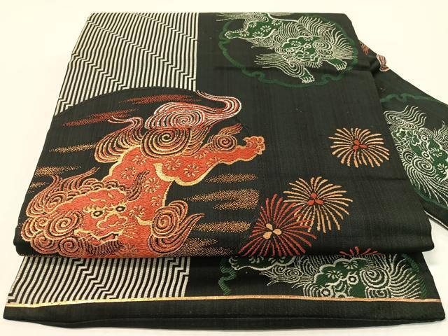 平和屋着物●アンティーク 大正ロマン 九寸名古屋帯 唐織 狛犬 黒地 金糸 正絹 逸品 CABG1612vp