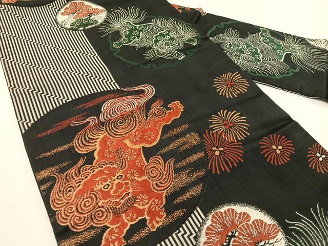 平和屋着物●アンティーク 大正ロマン 九寸名古屋帯 唐織 狛犬 黒地 金糸 正絹 逸品 CABG1612vp