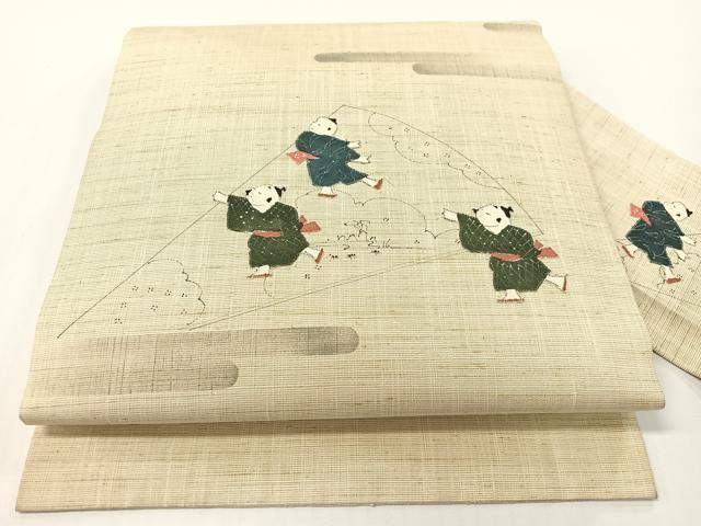 平和屋着物●九寸名古屋帯 紬地 手描き パッチワーク 唐子遊び 正絹 逸品 CABG1618vp
