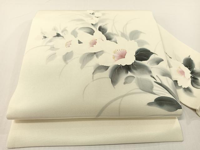 平和屋着物●塩瀬 九寸名古屋帯 作家物 手描き 草花文 金彩 逸品 CABG1624vp