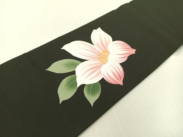 平和屋着物●塩瀬 九寸名古屋帯 手描き 草花文 黒地 正絹 逸品 CABG1626vp