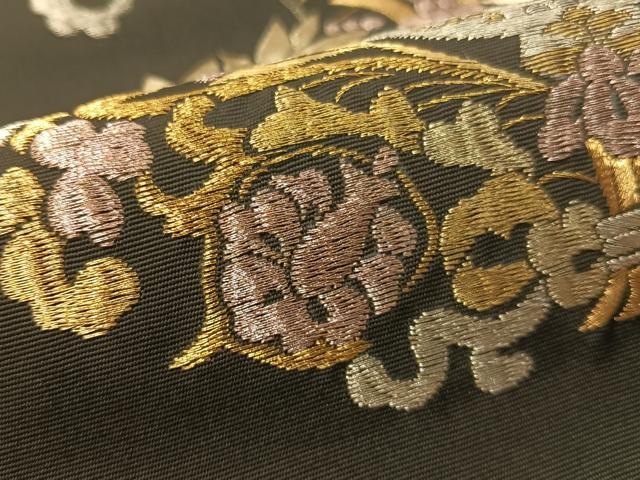 平和屋着物●塩瀬 九寸名古屋帯 総刺繍 鳳凰更紗吉祥文 黒地 金糸 正絹 逸品 CABG1640vp