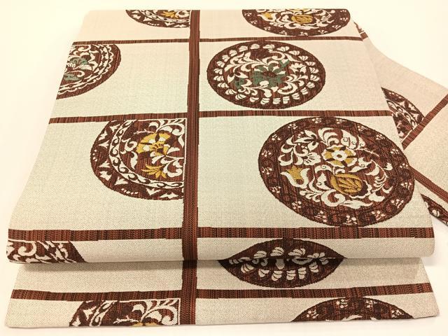 平和屋着物●九寸名古屋帯 更紗絵皿格子文 正絹 逸品 CABG1644vp