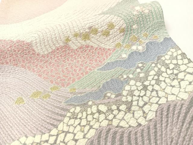 平和屋着物●十日町 名門 滝泰謹製 太鼓柄袋帯 中国三大刺繍 相良刺繍 おぼろ染め 襲ね絞り 立波箔散らし 銀通し地 正絹 逸品 CABG1657vp