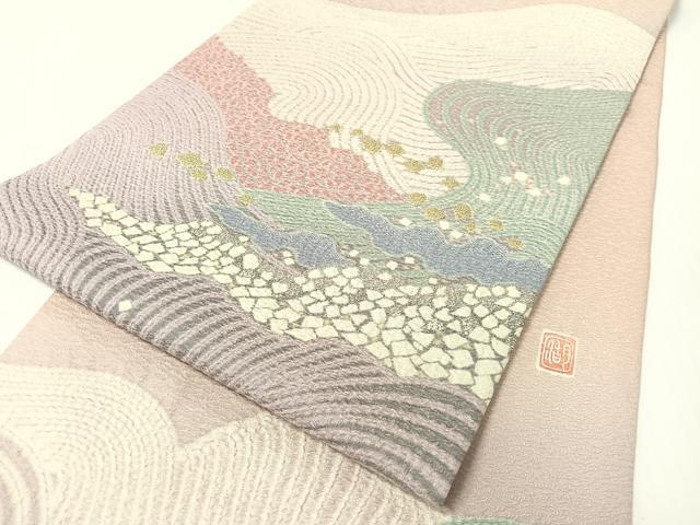 平和屋着物●十日町 名門 滝泰謹製 太鼓柄袋帯 中国三大刺繍 相良刺繍 おぼろ染め 襲ね絞り 立波箔散らし 銀通し地 正絹 逸品 CABG1657vp