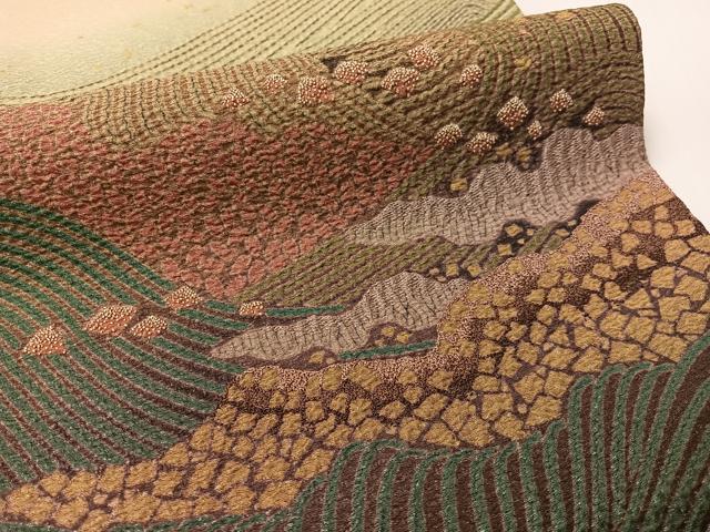 平和屋着物●十日町 名門 滝泰謹製 太鼓柄袋帯 中国三大刺繍 相良刺繍 おぼろ染め 襲ね絞り 立波箔散らし 銀通し地 正絹 逸品 CABG1666vp