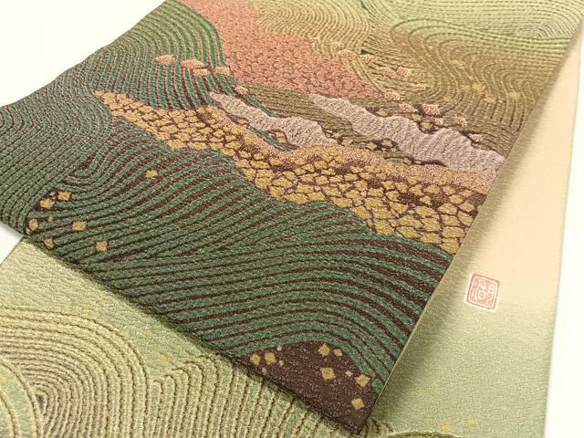 平和屋着物●十日町 名門 滝泰謹製 太鼓柄袋帯 中国三大刺繍 相良刺繍 おぼろ染め 襲ね絞り 立波箔散らし 銀通し地 正絹 逸品 CABG1666vp