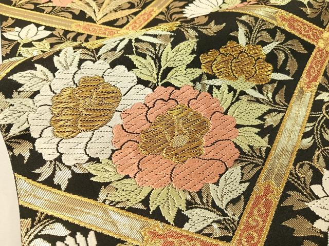 平和屋着物●六通柄袋帯 唐織 格天井花文 黒地 金糸 正絹 逸品 CABG1681vp