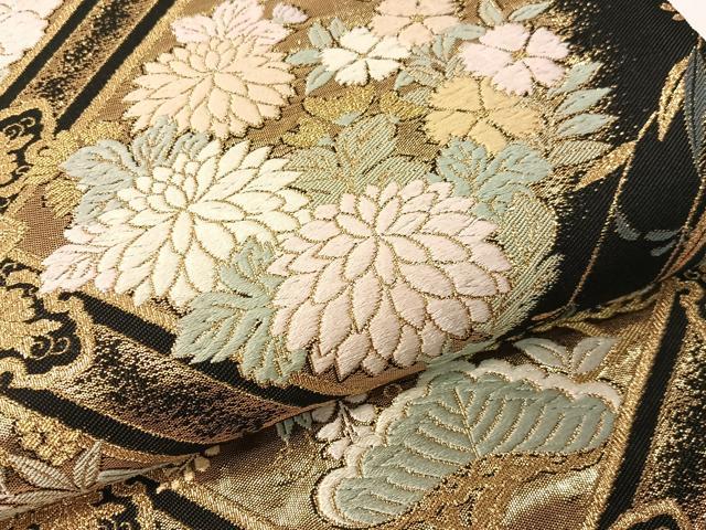 平和屋着物●六通柄袋帯 唐織 格天井花文 黒地 金糸 正絹 逸品 CABG1698vp