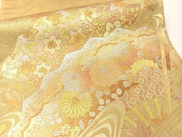 平和屋着物●金彩友禅 卓越技能者・名工・和田光正 太鼓柄袋帯 立波扇面花文 正絹 逸品 CABG1707vp