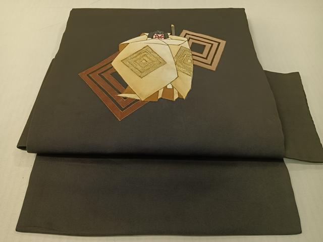 平和屋着物●塩瀬 つけ帯 手描き 歌舞伎 黒地 金彩 正絹 逸品 CABG1727vp