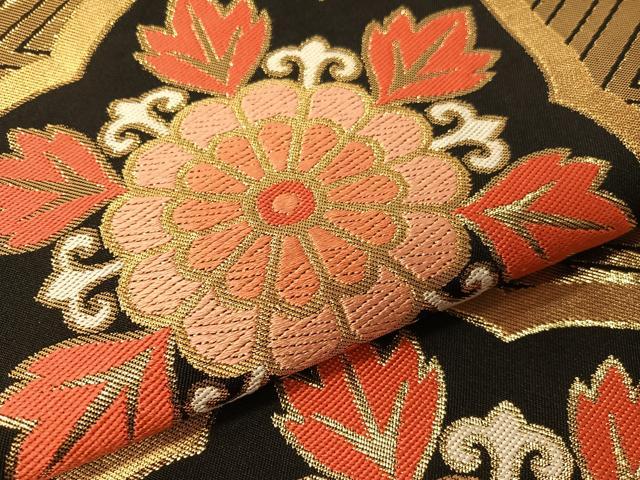 平和屋着物●西陣 川島織物 六通柄 本袋帯 千代田のきもの 菊唐草吉祥文 黒地 金糸 正絹 逸品 CABG1749vp