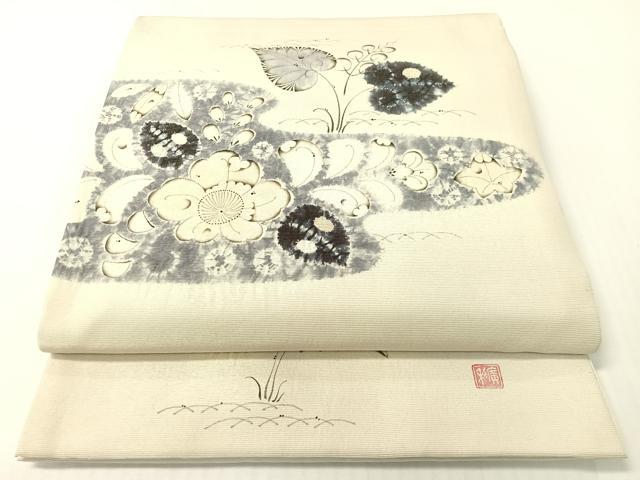 平和屋着物●日本工芸会正会員 福村廣利 絵絞庵 太鼓柄袋帯 手描き 絞り 辻が花 金通し地 正絹 逸品 CABG1763vp