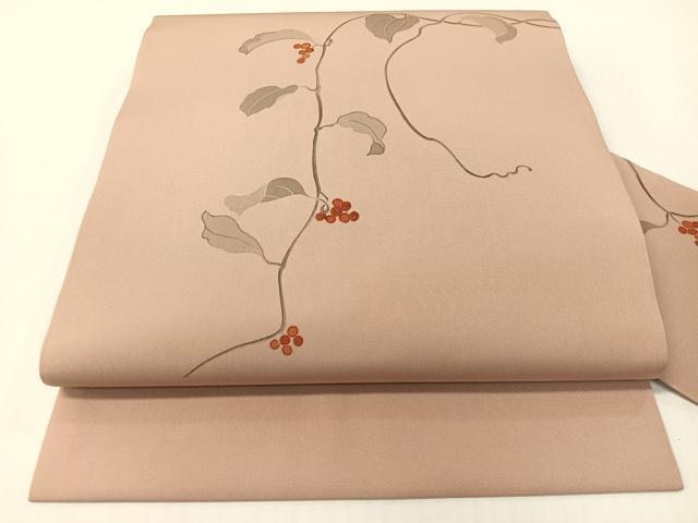 平和屋着物●塩瀬 九寸名古屋帯 手描き 刺繍 葡萄蔦の葉文 正絹 逸品 CABG1774vp