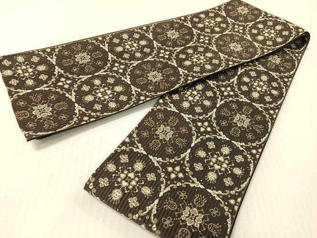 平和屋着物●本場筑前博多織 両面 半幅帯 草花間道 金糸 さが美扱い 博多金ラベル 証紙付き 正絹 逸品 CABG1788vp