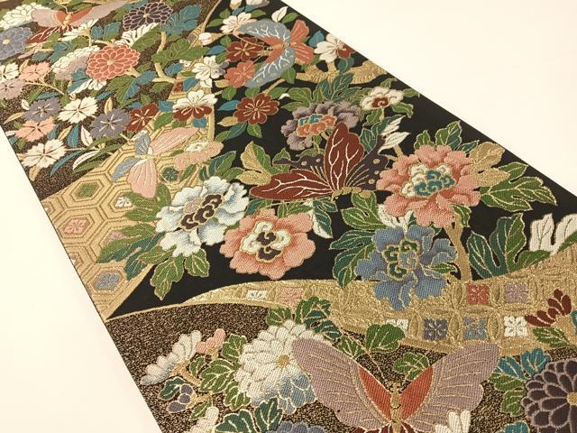 平和屋着物●六通柄袋帯 壁糸草木染 花蝶文 黒地 金糸 正絹 逸品 CABG1821vp
