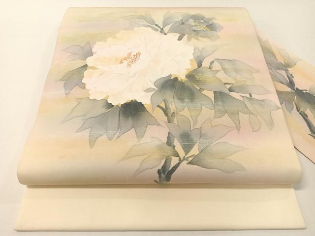 平和屋着物●塩瀬　九寸名古屋帯　紫光　手描き　牡丹　金彩　正絹　逸品　CABG1829vp 平和屋着物○塩瀬 九寸名古屋帯 紫光 手描き 牡丹 金彩 正絹 逸品