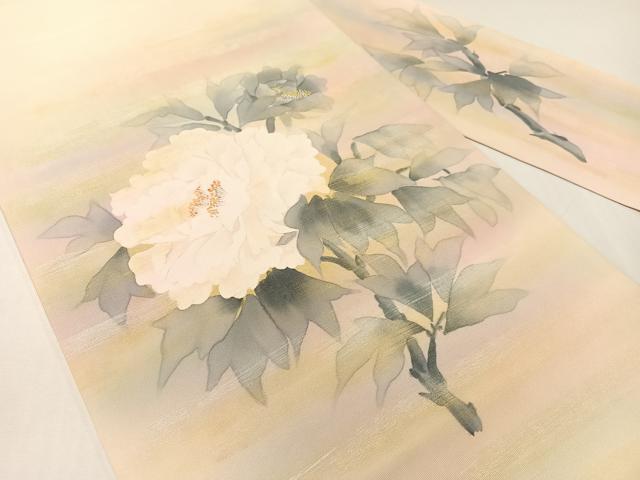 平和屋着物●塩瀬 九寸名古屋帯 紫光 手描き 牡丹 金彩 正絹 逸品 CABG1829vp
