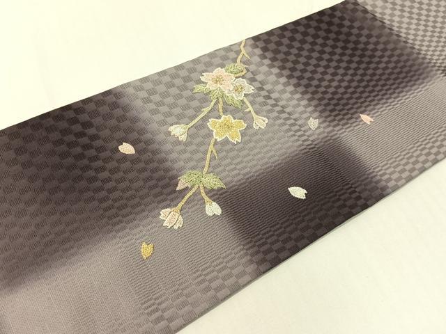 平和屋着物●中国三大刺繍 総相良刺繍 九寸名古屋帯 作家物 市松枝桜 金糸 正絹 逸品 CABG1841vp