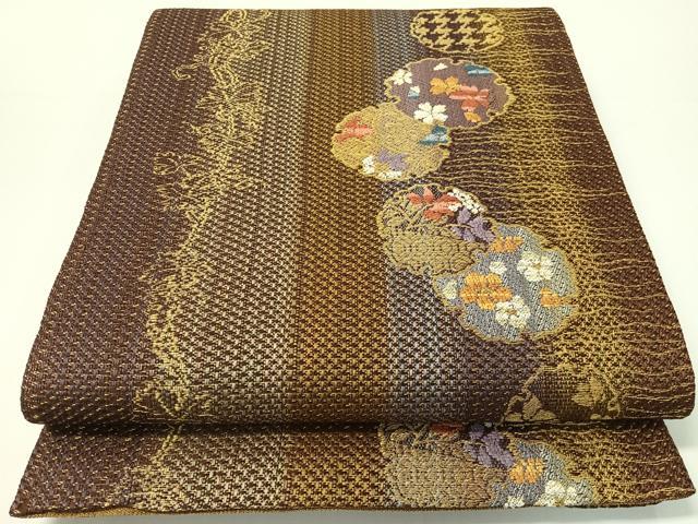 平和屋着物▽両面 全通柄袋帯 スリーシーズン 春夏秋 雪輪花蝶文 金糸 正絹 逸品 CABG1849vp