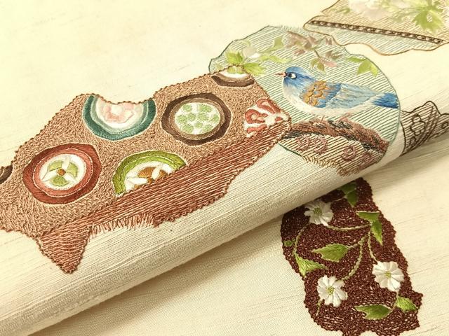平和屋着物●総刺繍 太鼓柄袋帯 紬地 更紗花鳥文 正絹 逸品 CABG1904vp