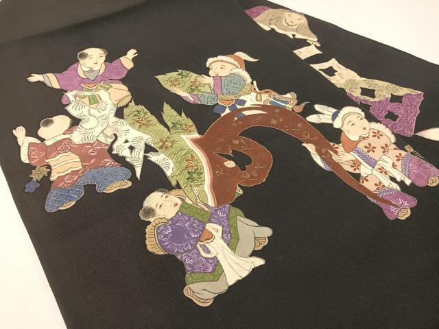 平和屋着物●塩瀬 九寸名古屋帯 手描き 唐人風景文 黒地 金彩 正絹 逸品 CABG1914vp