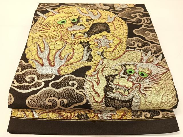 平和屋着物●アンティーク 大正ロマン 九寸開き名古屋帯 雲龍 黒地 金銀糸 正絹 逸品 CABG1937vp
