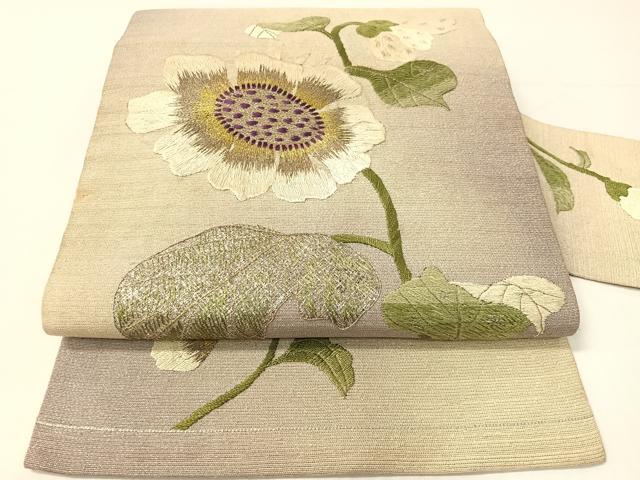 平和屋着物●アンティーク 大正ロマン 総手刺繍 九寸名古屋帯 草花文 銀通し地 正絹 逸品 CABG1945vp