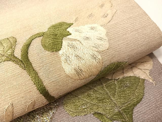 平和屋着物●アンティーク 大正ロマン 総手刺繍 九寸名古屋帯 草花文 銀通し地 正絹 逸品 CABG1945vp