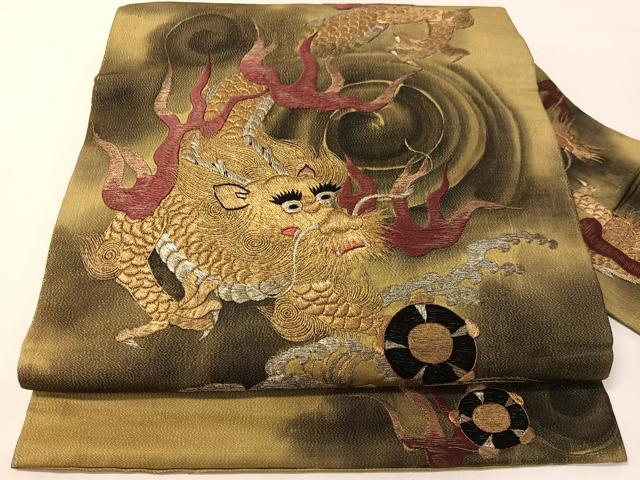 平和屋着物●アンティーク 大正ロマン 総手刺繍 九寸名古屋帯 手描き 雲龍 金銀糸 正絹 逸品 CABG1947vp