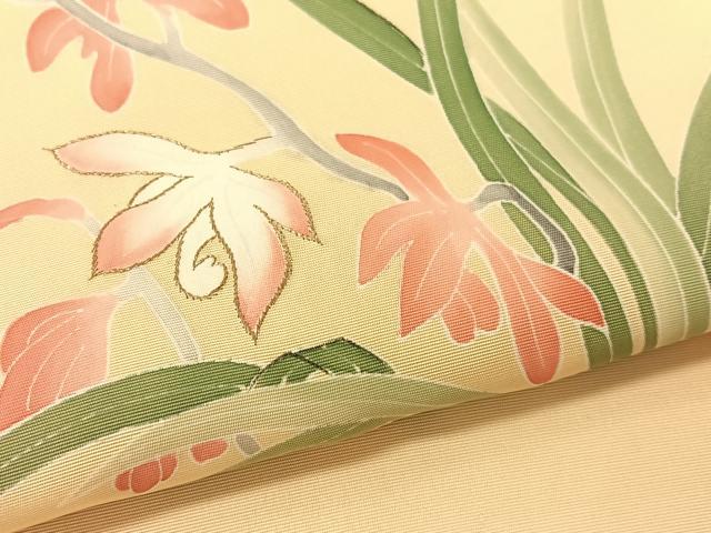 平和屋着物●塩瀬 九寸名古屋帯 手描き 刺繍 草花文 金糸 正絹 逸品 CABG1948vp