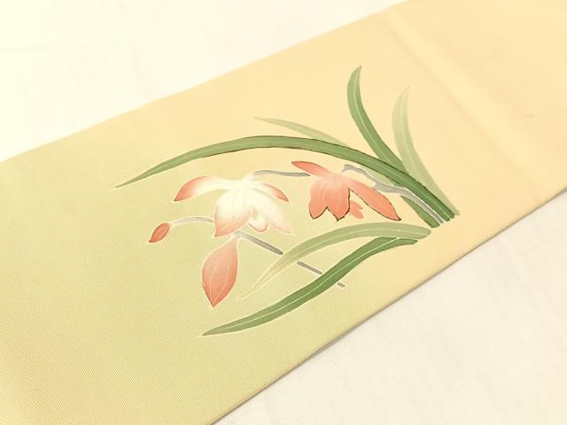 平和屋着物●塩瀬 九寸名古屋帯 手描き 刺繍 草花文 金糸 正絹 逸品 CABG1948vp