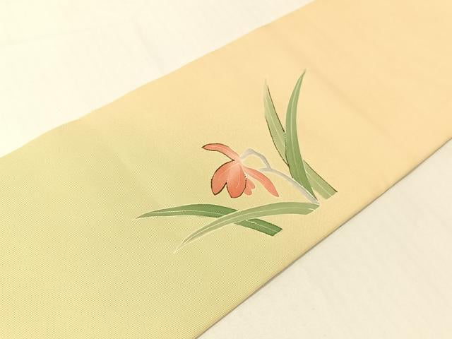 平和屋着物●塩瀬 九寸名古屋帯 手描き 刺繍 草花文 金糸 正絹 逸品 CABG1948vp