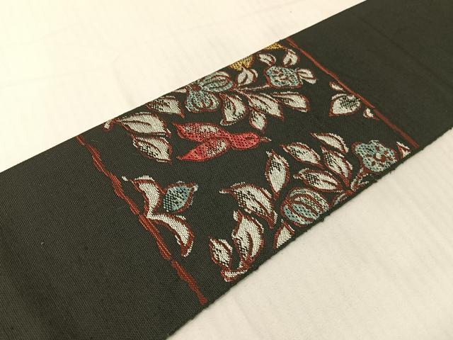 平和屋着物●八寸名古屋帯 紬地 花鳥文 黒地 銀糸 正絹 逸品 CABG1949vp