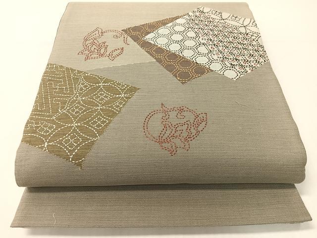 平和屋着物●太鼓柄袋帯 紬地 刺し子 色紙吉祥更紗文 正絹 逸品 未使用 CABG1953vp