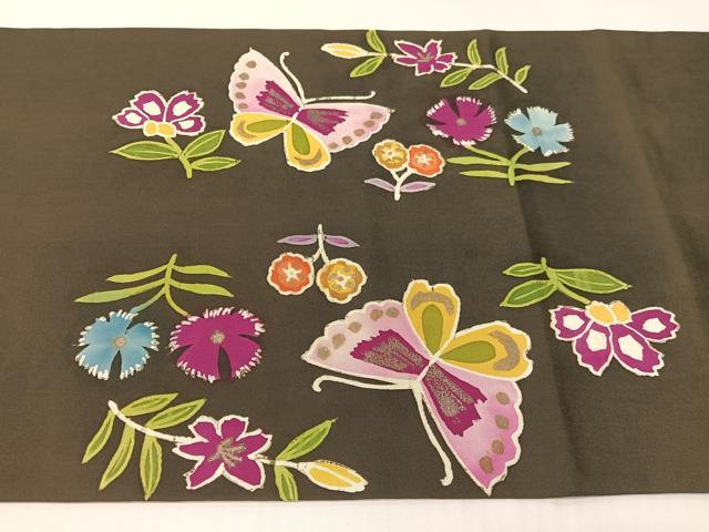平和屋着物●塩瀬 九寸名古屋帯 ろうけつ染め 花蝶文 黒地 金彩 正絹 逸品 CABG1956vp