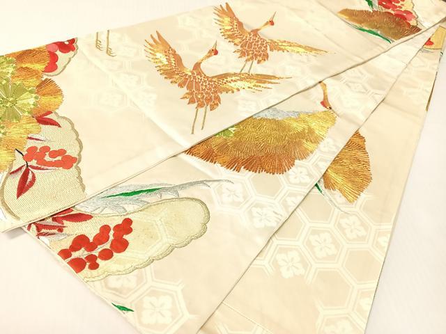 平和屋着物●アンティーク 大正ロマン 創作 総刺繍 全通柄袋帯 駒刺繍 飛鶴花松文 金銀糸 正絹 逸品 CABG1958vp