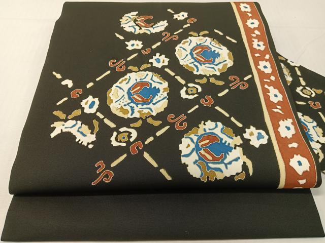 平和屋着物●塩瀬 九寸名古屋帯 吉祥花文 黒地 金彩 正絹 逸品 CABG1968vp