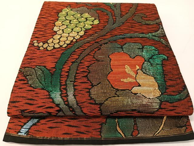 平和屋着物●六通柄袋帯 更紗葡萄唐草文 黒地 金糸 正絹 逸品 CABG1972vp