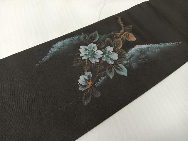 平和屋着物●塩瀬 九寸名古屋帯 手描き 葉桜 黒地 金彩 正絹 逸品 CABG1980vp