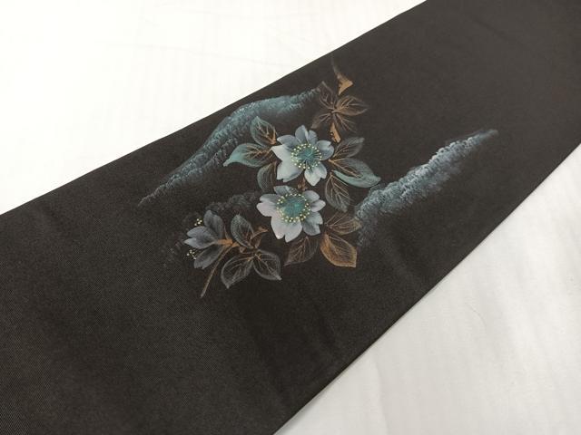 平和屋着物●塩瀬 九寸名古屋帯 手描き 葉桜 黒地 金彩 正絹 逸品 CABG1980vp