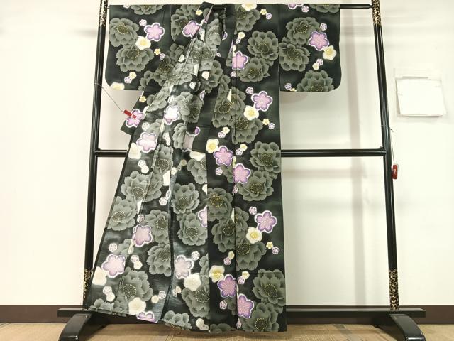 平和屋着物∴夏物 浴衣 舞花文 黒地 綿 逸品 CABG1982vp