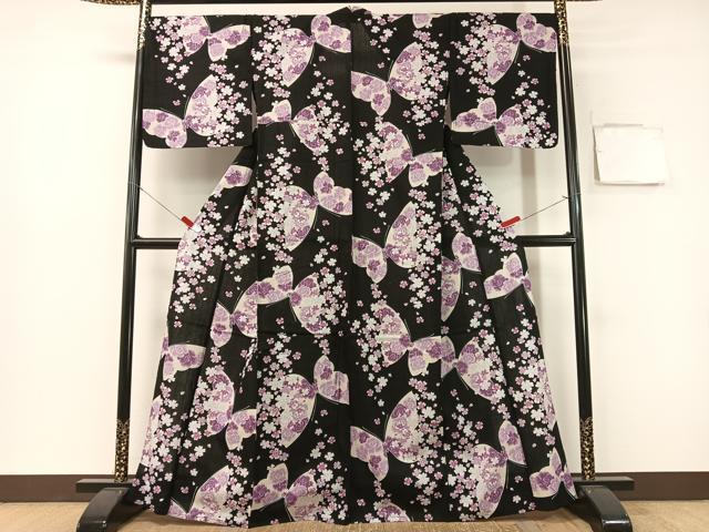 平和屋着物∴夏物 浴衣 舞蝶花文 黒地 綿 逸品 CABG1984vp