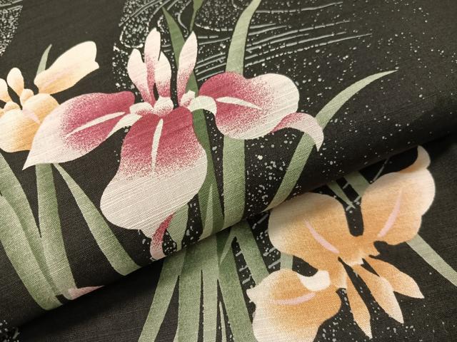 平和屋着物∴夏物 浴衣 流水杜若 黒地 綿 逸品 CABG1986vp