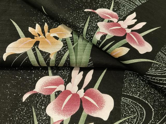 平和屋着物∴夏物 浴衣 流水杜若 黒地 綿 逸品 CABG1986vp