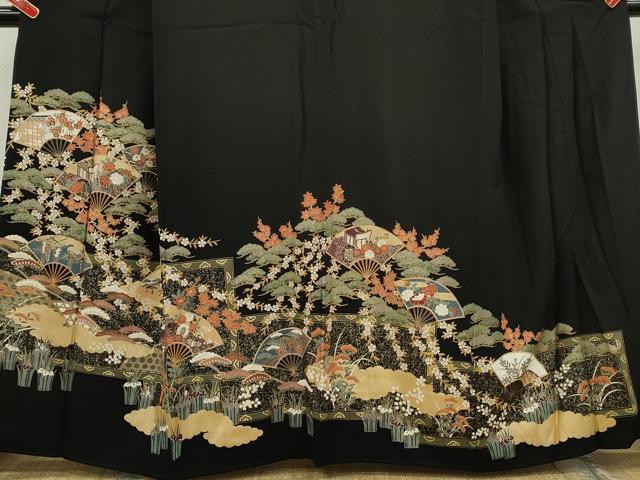 平和屋着物■豪華黒留袖 扇面吉祥花文 金彩 正絹 逸品 CABG2003ze